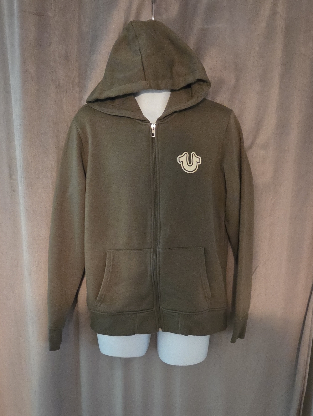 True Religion Mens Large Olive Zip Hoodie with Horseshoe Patch